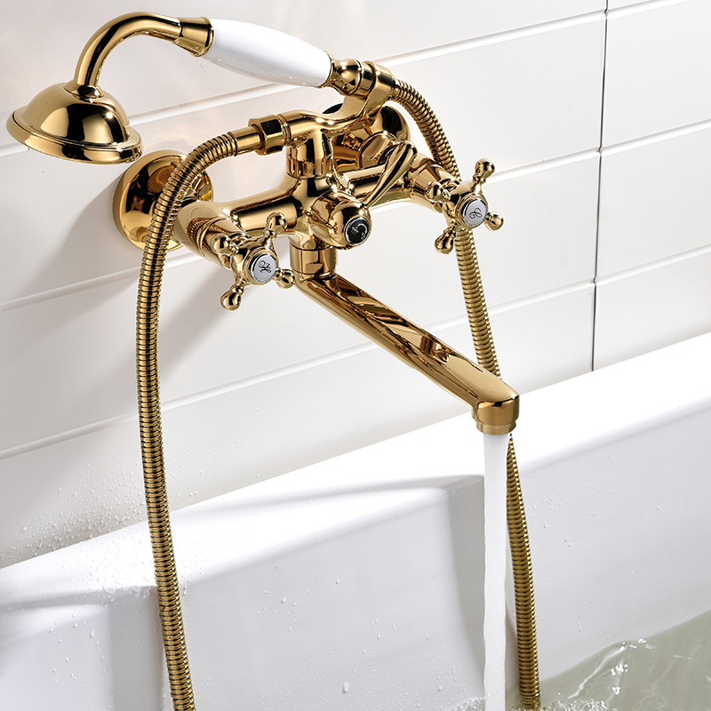 浴缸挂墙浴缸龙头铜质浴缸淋浴龙头增压花洒冷热水龙头加长下出水