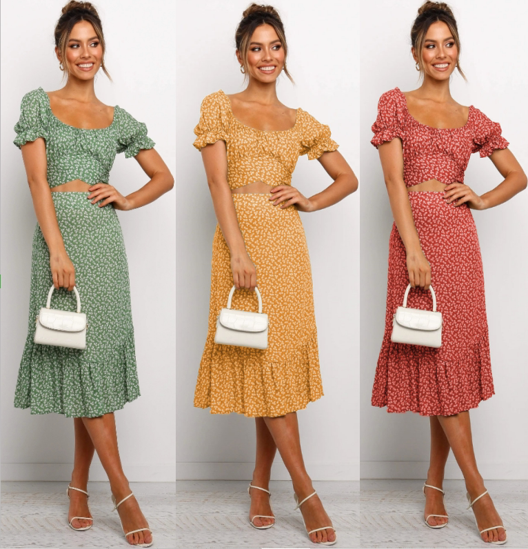 欧美田园风碎花短袖绑带收腰高腰短上衣中长款半身裙两件套连衣裙