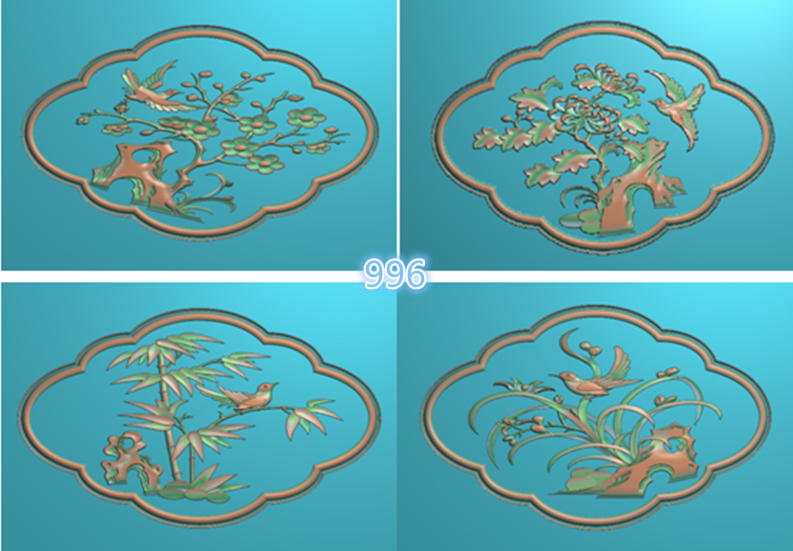 996梅兰竹菊花鸟门板精雕图 花鸟梅兰竹菊浮雕图 灰度图 带线