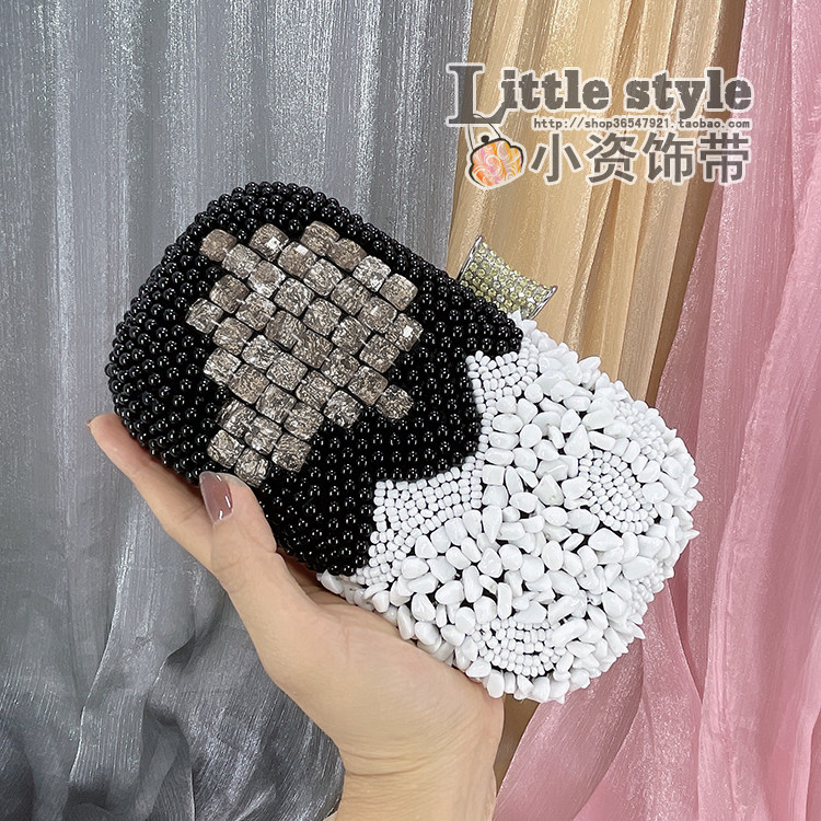 大胆创意特色黑白间色手拿包宴会包 手工串珠手包聚会拍照包