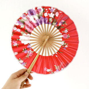 送穗21CM随身带折叠女扇日式团扇圆形头青竹艺绸布礼品扇风车扇子