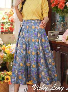 新进口LIBERTY 风琴褶别致腰装饰 蓝色郁金香花朵大摆半裙