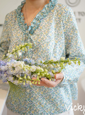 利伯缇liberty花边领风琴褶清新淡雅蓝色衬衣设计感小众春秋