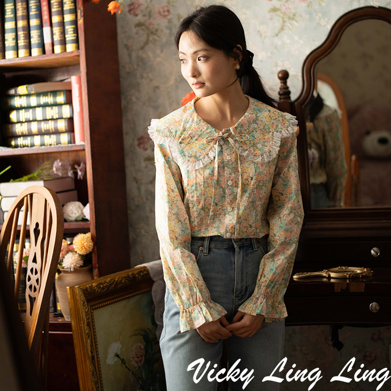 LIBERTY蜀葵长袖花边领休闲衬衫