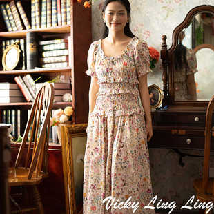 浪漫印花褶皱收腰连衣裙DOEN款 LIBERTY 复古法式