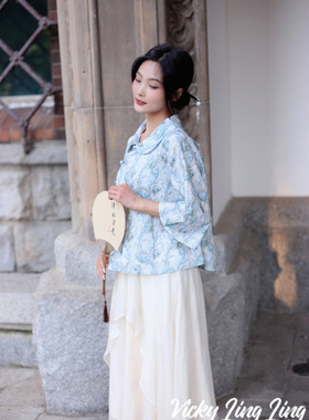 英国利伯缇liberty复古中式蓝色雀语上衣女秋款