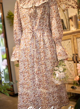 利伯缇liberty法式法雷拼紫色娃娃领休闲长袖连衣裙秋款上新