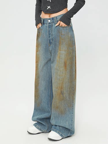 做旧泥染水洗牛仔阔腿长裤