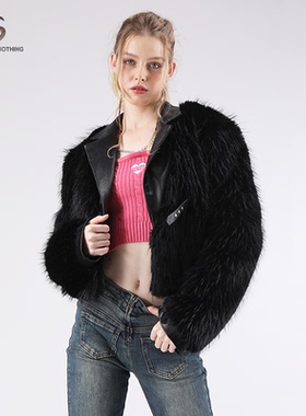 STN辣妹黑色短款皮毛外套2025新款冬季水貂毛加厚环保皮草夹克女