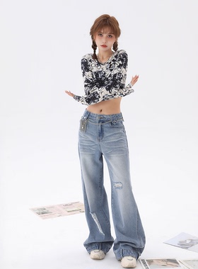 STN辣妹港风复古高腰破洞阔腿裤女2025新款浅蓝色百搭直筒牛仔裤