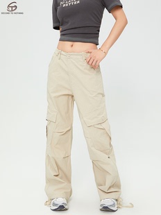 STN美式复古米白色多口袋工装裤女2025新款街头宽松褶皱直筒裤子
