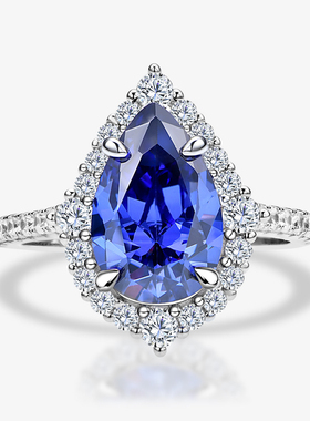 S925纯银梨形精切坦桑蓝高碳钻戒指轻奢高级感满钻镶嵌蓝宝石钻戒