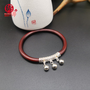 S925纯银西藏鸡血藤手镯细藤款三铃铛镯子藤镯山南民族风原创手工