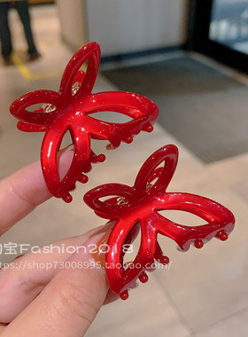 复古红色亚克力系带蝴蝶结抓夹