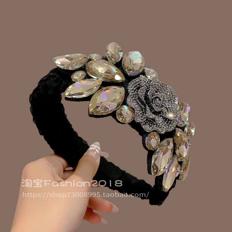 韩国气质高级感水钻宽边发箍花朵水晶女头箍防滑发卡新款发捆发窟