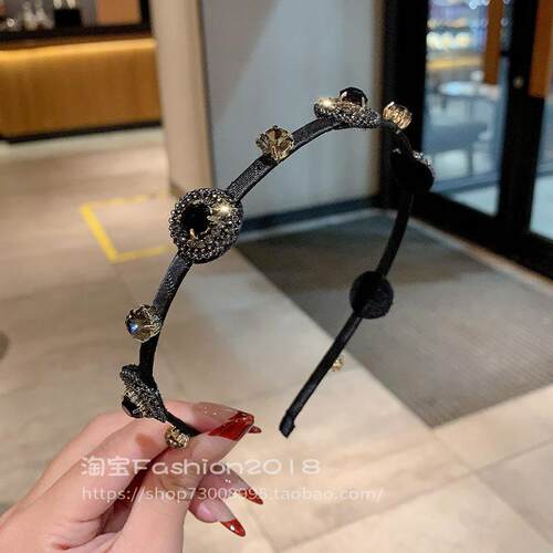 轻奢黑色水晶发箍复古设计细边防滑头箍高颅顶时尚发饰高级感发饰