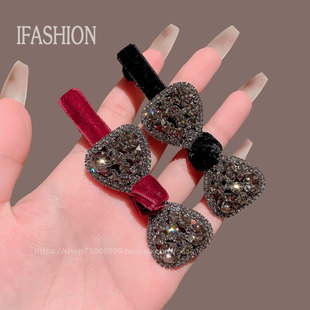 2026新年红色闪钻丝绒蝴蝶结发夹公主风侧边夹鸭嘴夹头饰新品发饰