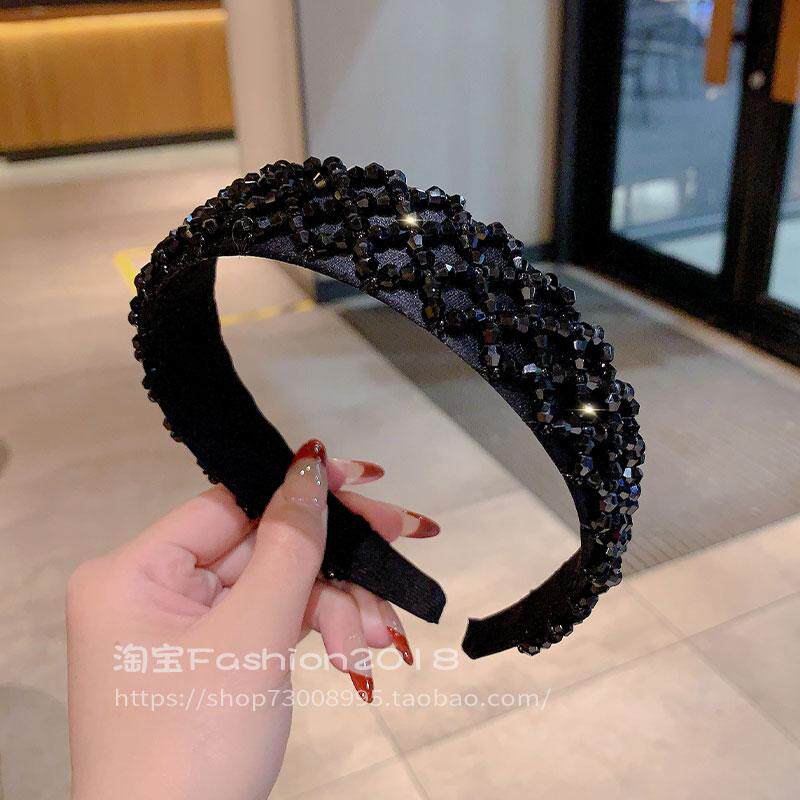 满钻黑色水晶发箍时尚高颅顶压发头箍韩国高级感宽边气质头饰发卡