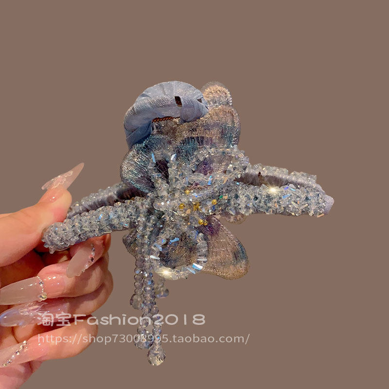 精致重工轻奢串珠水晶立体蝴蝶结流苏抓夹后脑勺发夹盘发夹鲨鱼夹