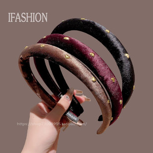 外出压发卡 时尚 韩版 新设计丝绒爱心发箍女高级感复古海绵头箍宽版