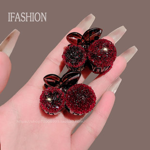 新年红色发夹小樱桃抓夹精致后脑勺小号闪钻刘海夹子头饰可爱发抓