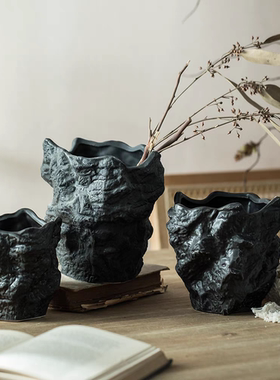 创意异形岩石陶瓷花盆盆景多肉装饰不规则创意侘寂风黑色艺术摆件