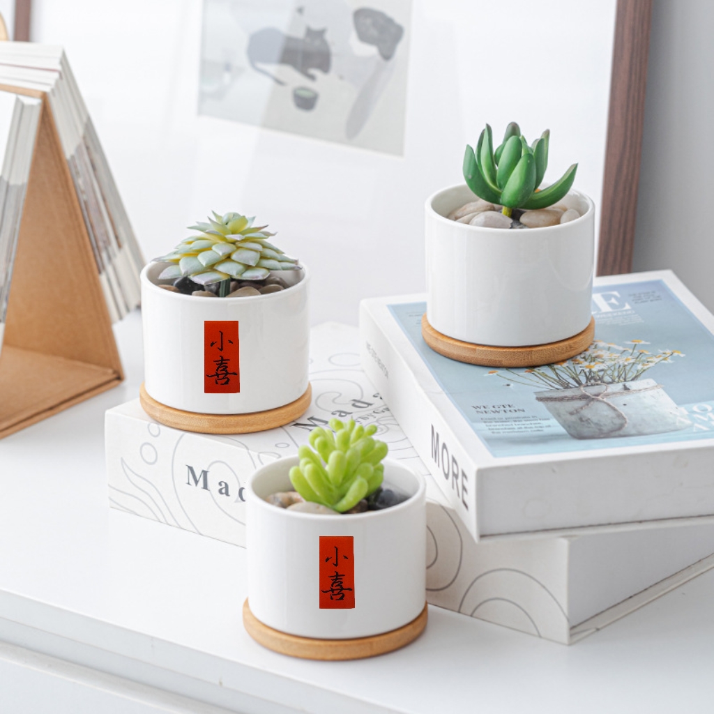 北欧简约陶瓷花盆带竹托