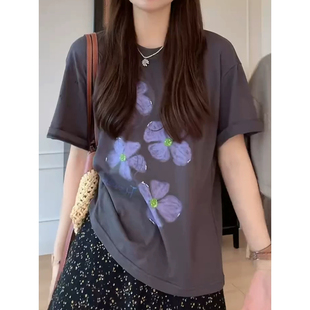 韩版ins花朵印花短袖T恤女夏季最新款圆领休闲风宽松百搭显瘦上衣