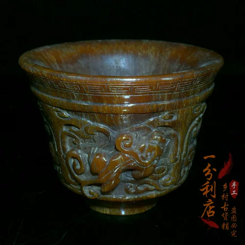 Антиквариат коллекция старая хлопковая чашка украшения Shuangya Dragon Beast Old Horn Cup Original Horiko Tiger Новые старые предметы