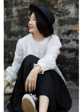 忘城C2073座/中和镇的故事/26春14支亚麻白色花边领小衫长袖衬衫