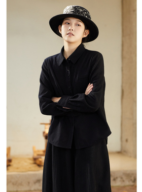 忘城H1418座/墨痕未干/冬纯棉黑色磨毛抗皱衬衫气质保暖衬衣叠穿