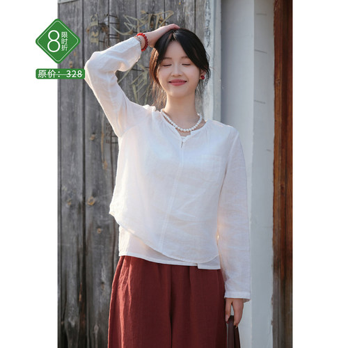 春款21支干洗亚麻白色小衫女显瘦