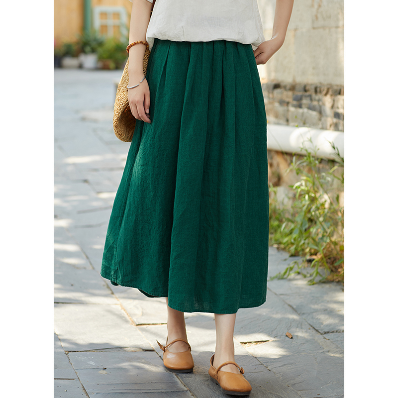 忘城N785座/森绿/夏季新款21支色织亚麻显瘦遮肉a字半身裙中长款