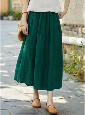 忘城N785座/森绿/夏季新款21支色织亚麻显瘦遮肉a字半身裙中长款