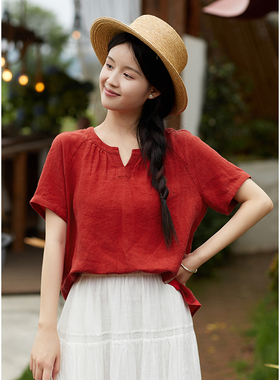 忘城T539座/盛夏里/新款21支亚麻红色显白小衫v领插肩袖显瘦T恤女
