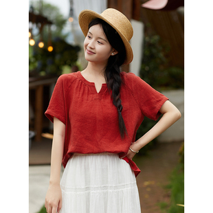 v领插肩袖 忘城T539座 21支亚麻红色显白小衫 新款 显瘦T恤女 盛夏里