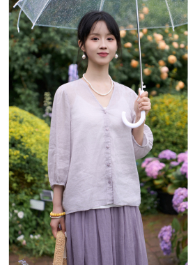 忘城A1292座/紫色星芒/夏100支苎麻棉V领文艺小衫七分袖防晒衬衣