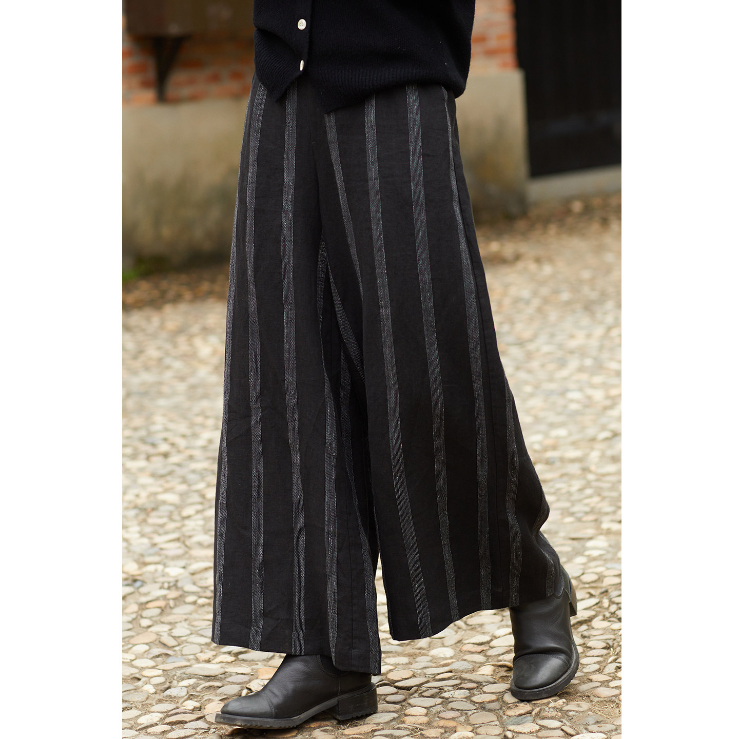 忘城H1336座/旋律/秋冬新款14支色织亚麻黑色条纹直筒阔腿裤子女,女装/女士精品,休闲裤,淘宝优惠券,粉丝福利购,淘宝优惠卷