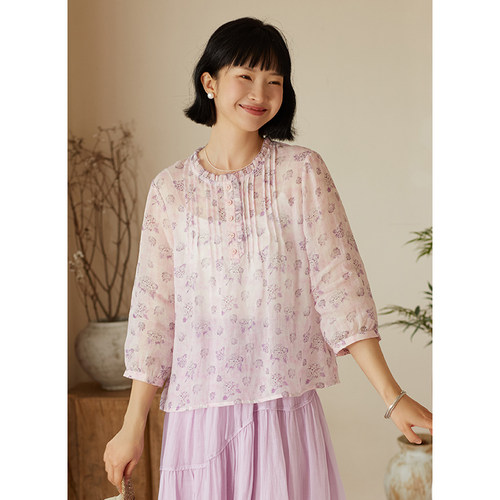 忘城文艺复古100%苎麻印花小衫