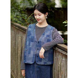 新款 秋季 百搭棉混纺蓝色格子拼接v领马甲外套 想自由 忘城T569座
