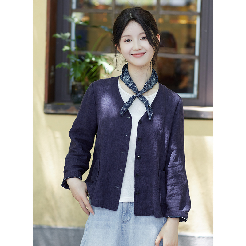 忘城H1291座/生命盎然/秋款14*14亚麻靛蓝色短款外套小个子上衣女