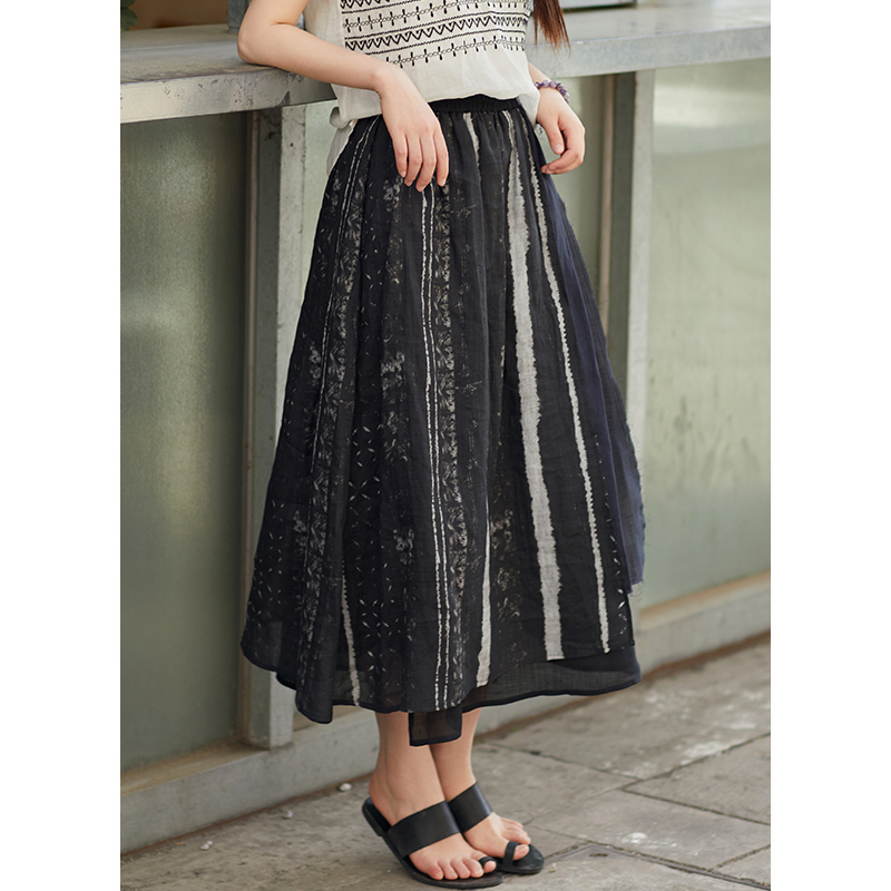 忘城N754座/仲夏之夜/夏季新款42支苎麻水墨印花半身裙拼接半裙女