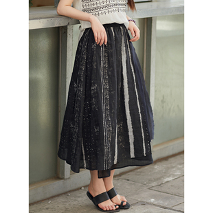 新款 夏季 42支苎麻水墨印花半身裙拼接半裙女 仲夏之夜 忘城N754座