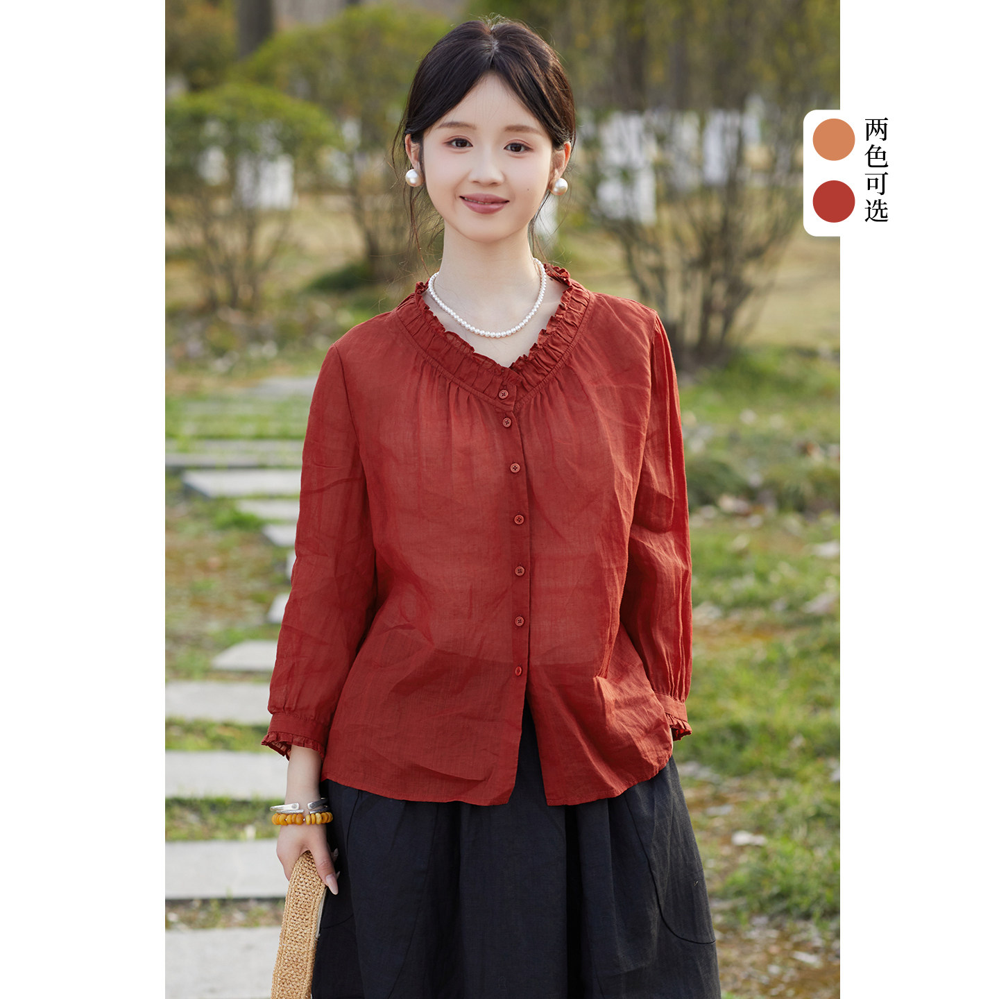 忘城A1273座/花开正好/春款42支苎麻v领衬衫正肩显瘦衬衣文艺复古
