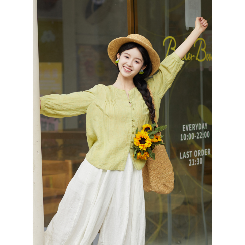 忘城A946座/四月天/夏季新款21支色织汉麻文艺显瘦衬衫上衣衬衣女