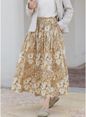 忘城H1285座/做自己的花/秋60支100%长绒棉印染印花系带a字半身裙