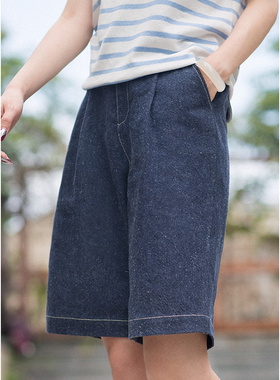 忘城H109座/蓝色牛仔/2022夏新品汉麻棉色织牛仔五分裤百搭短裤女