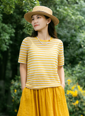 忘城T245座/沐光而行/2023夏季新款亚麻混纺黄色条纹圆领简约T恤