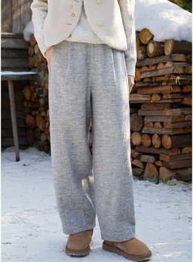 忘城Y594座/飞奔向你/冬季浅灰色百搭羊毛薄毛呢双层保暖萝卜裤女