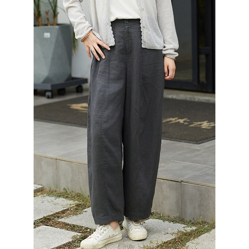 忘城T578座/木香/早秋新款14支进口亚麻宽松哈伦萝卜裤灰黑色裤子